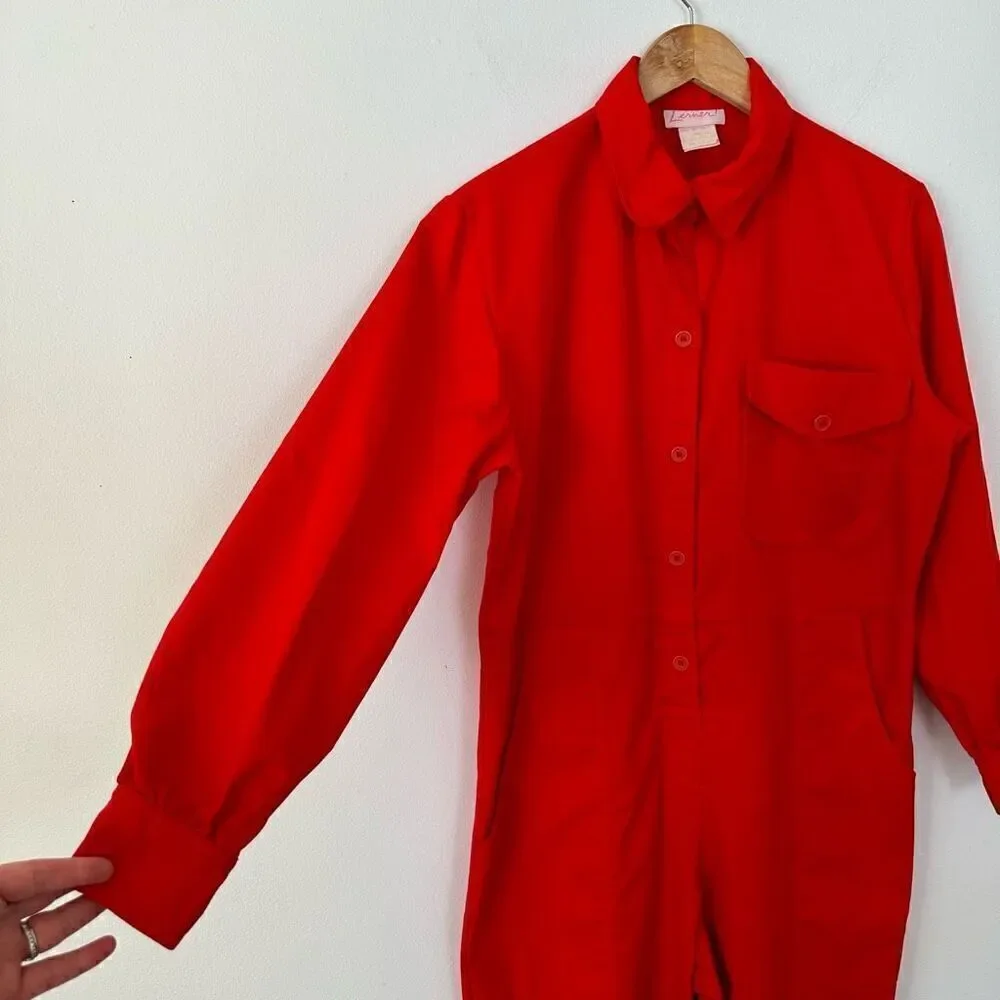 Vintage 1900s Lerner Red Twill Long Sleeve Button Front Tapered Leg Red Boiler J